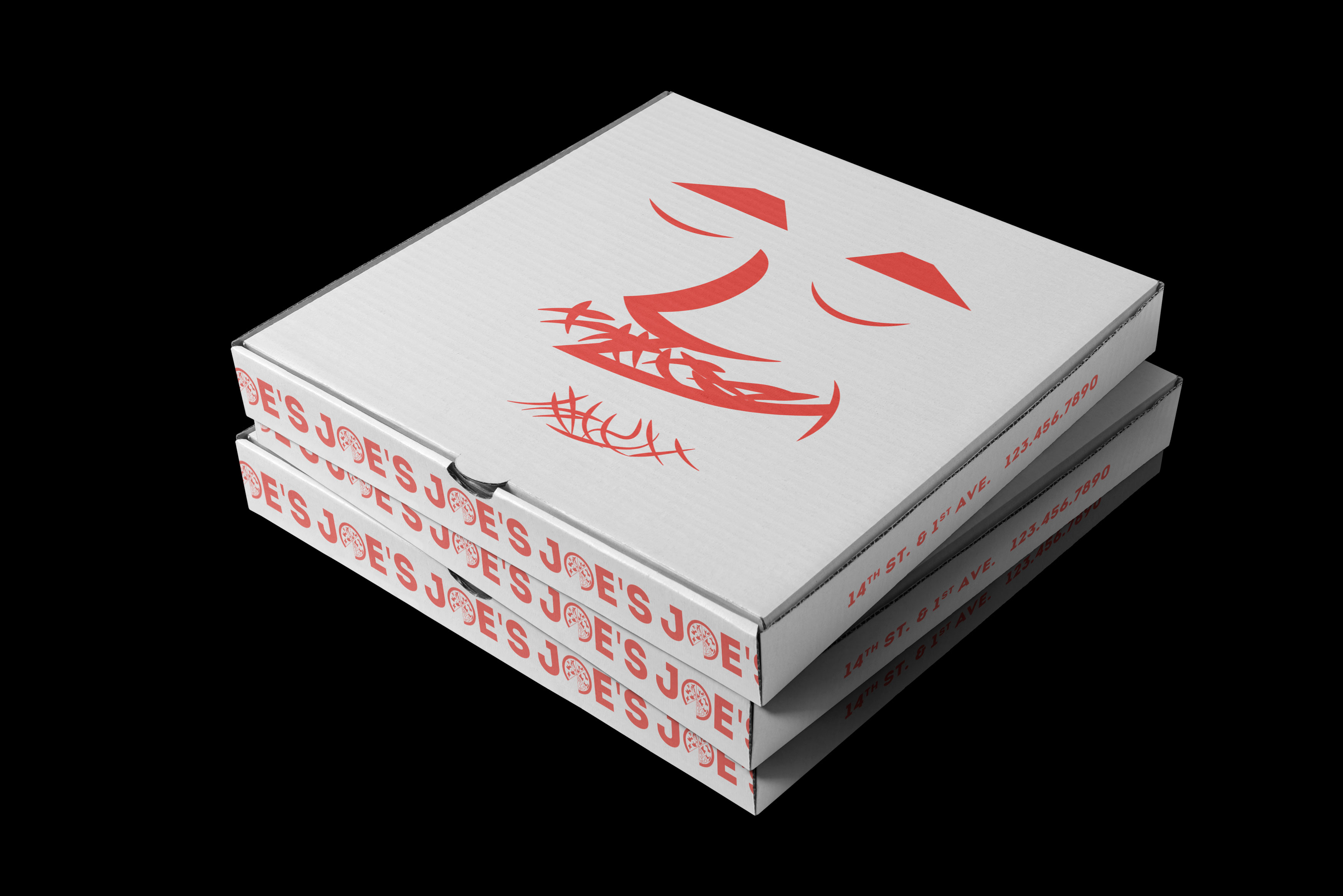 Pizza box mockups featuring the re-designed Joe's logo.