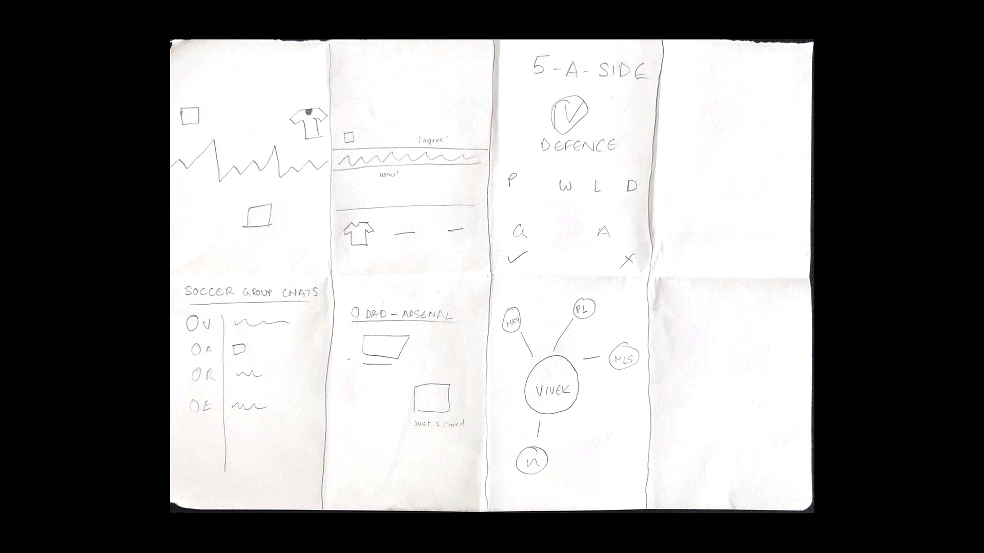 Sketches for potential ideas for a soccer app.