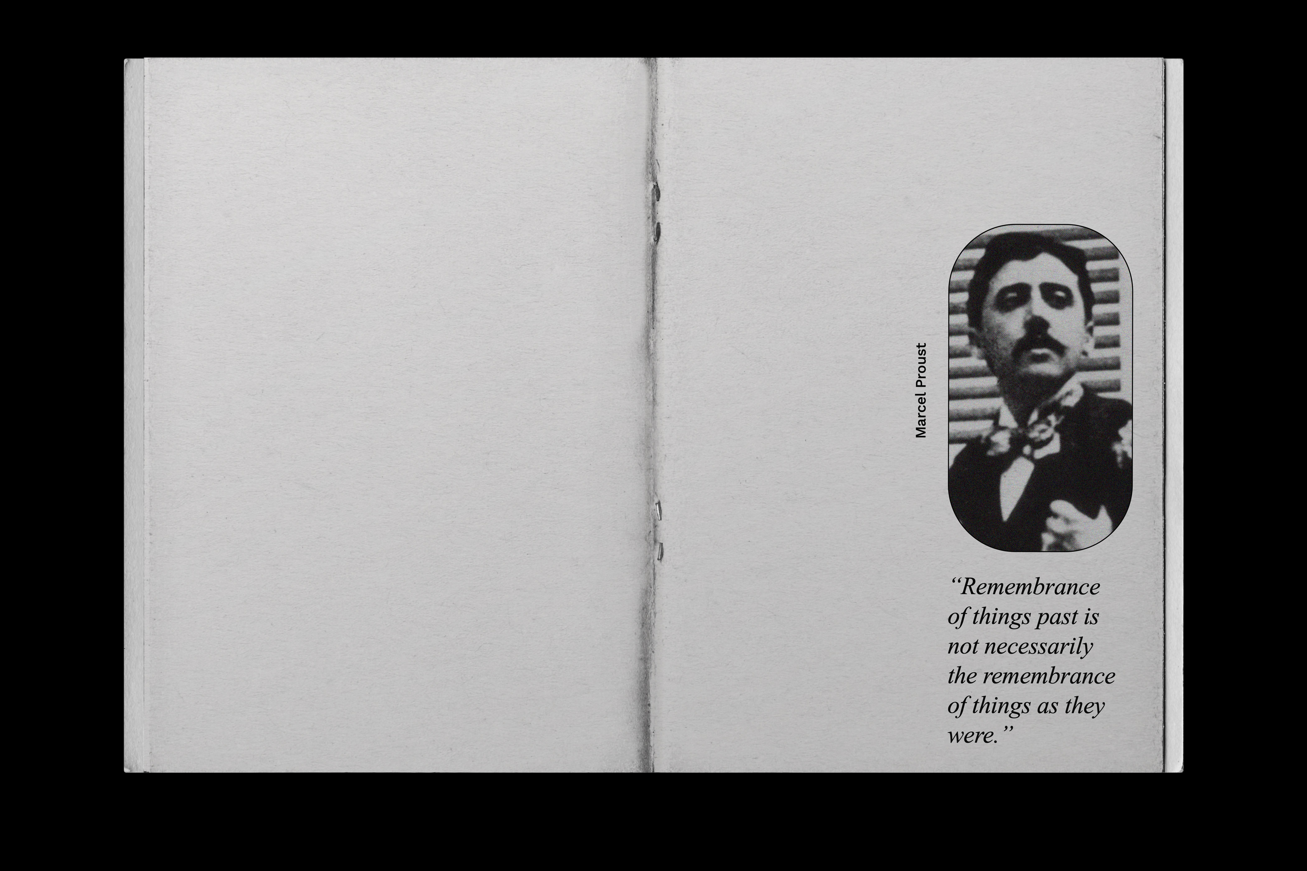 Spread from the zine displaying Marcel Proust and his an excerpt from his book – 