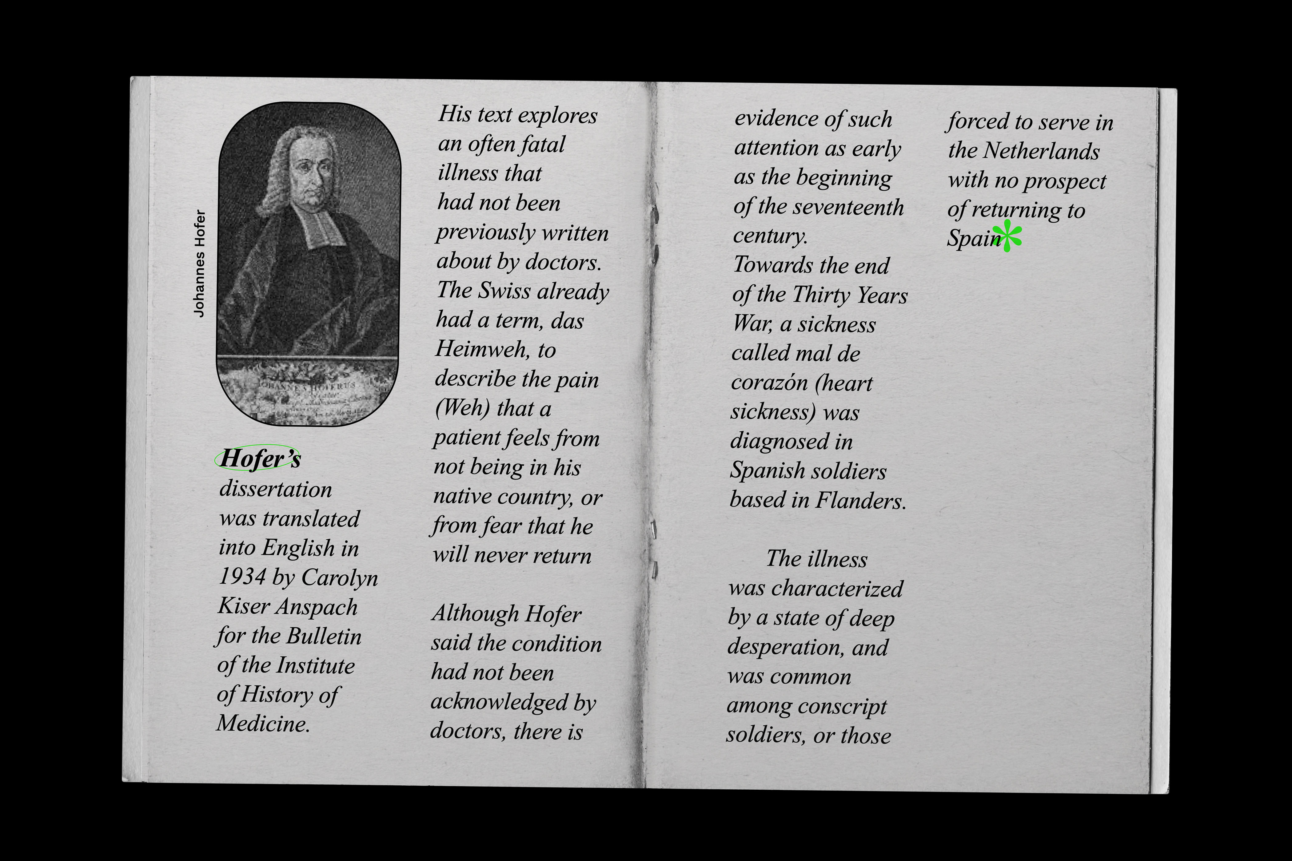 Spread from the zine, displaying Johannes Hofer.